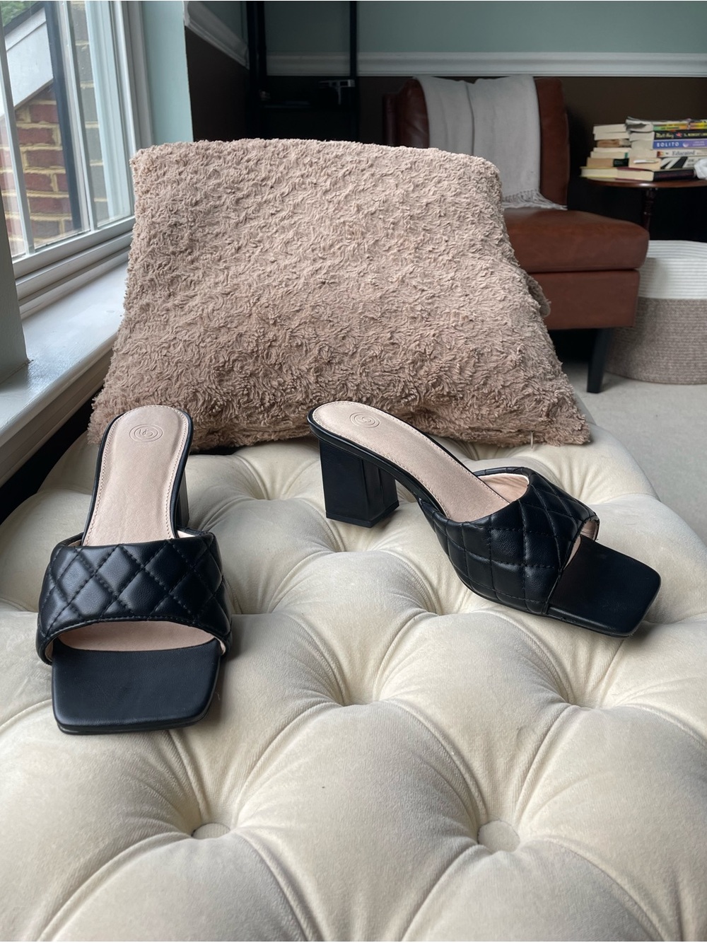 Urban Outfitters Black Quilted Square-Toe Block Heel Mules
